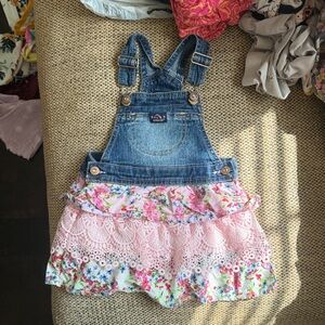Jordache Denim Bib Overall Dress with Pink Floral Ruffles